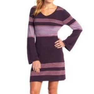 Prana Sydney Striped Sweater Dress Burgundy Pink‎ Bell Sleeve V-Neck Knit L